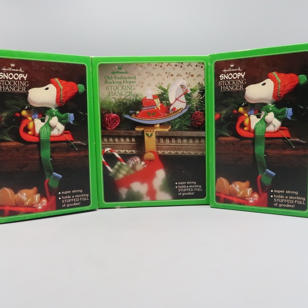 Vintage Hallmark Christmas Stocking Hanger Holder Snoopy Rocking Horse Lot 3x